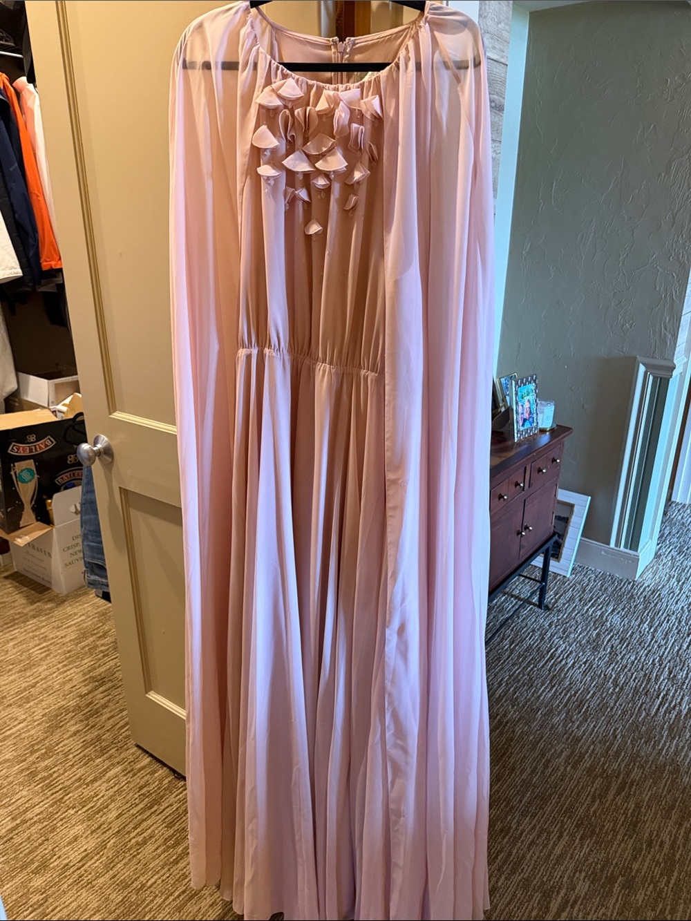 Sachin + Babi Blush Pink Chiffon Ruffled Cape Gown